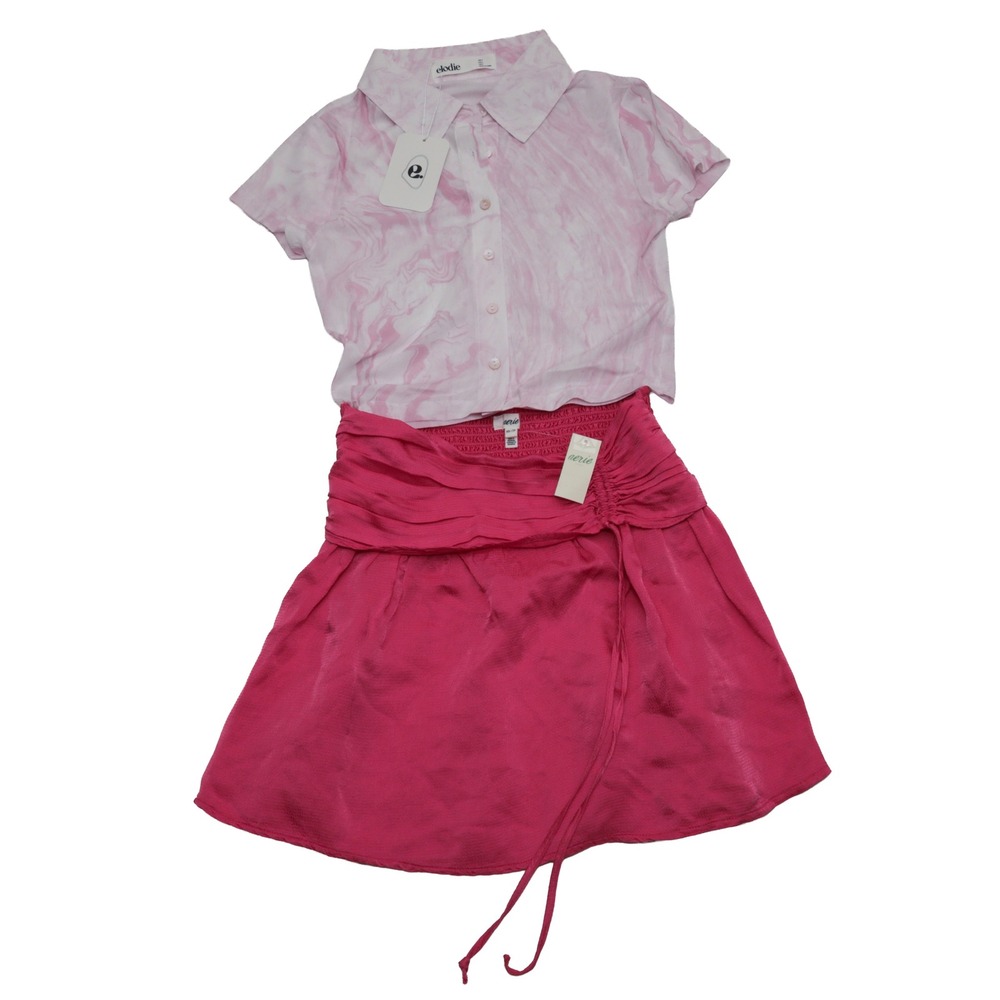 Aerie Pink Womens XS Satin Mini Skirt, Elodie Small Marble Mesh Top